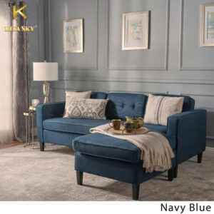 Mẫu sofa phòng khách chung cư nhỏ bọc vải cao cấp màu xanh nước biển. Với những bộ sofa màu đậm như Navy Blue, bạn hãy phối cùng những chiếc gối ôm màu sáng như trắng hay be. Hay bạn cũng có thể chọn gối ôm có họa tiết hoa văn màu tương đương với bộ sofa nữa đấy