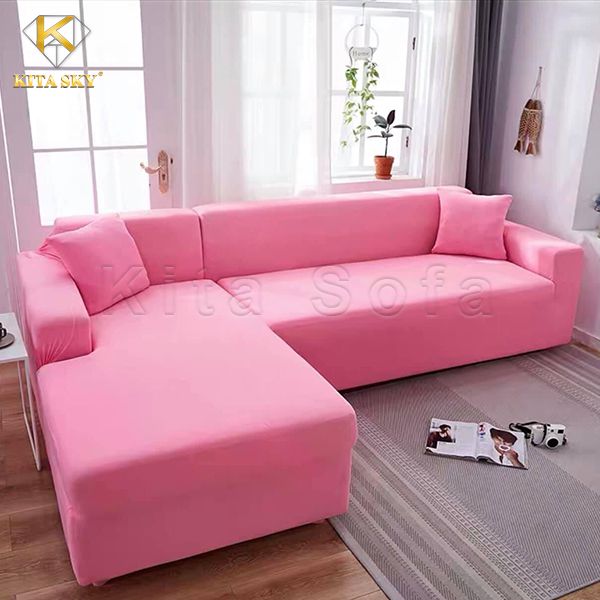 Drap bọc sofa chữ L màu hồng